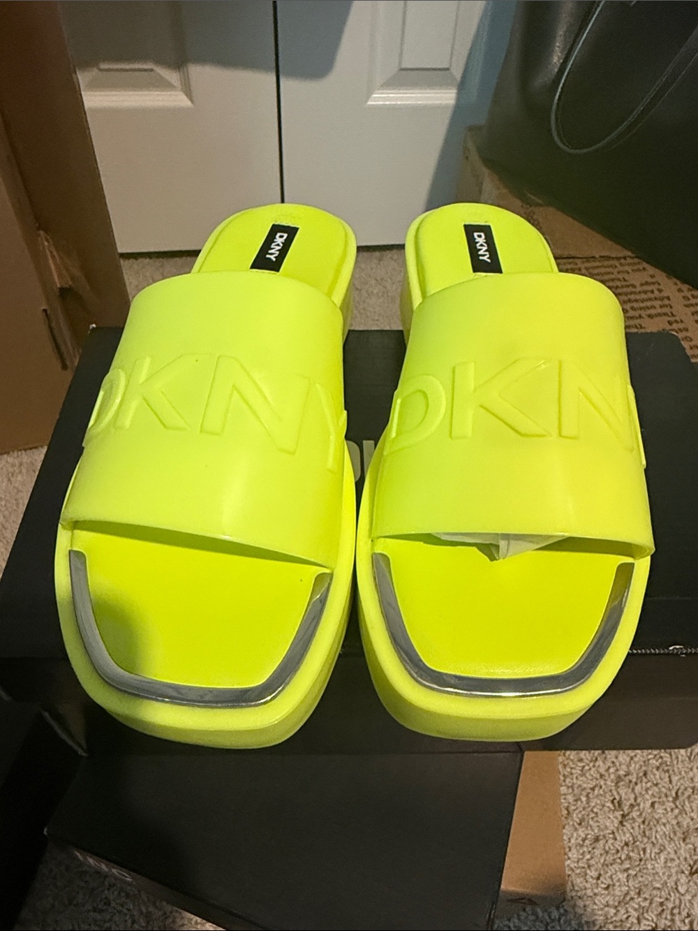 DKNY Neon Lime Slide Sandals